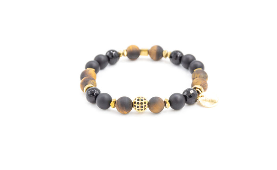 Man Bracelet with mat tiger eye stones and mat onyx black